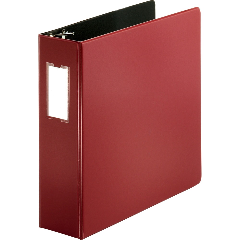 BSN33114 - Slant-D ring binder is designed for maximum sheet capacity. Rings are mounted on the back cover for lay-flat visibility and long-lasting durability. No-gap D-Rings stay tightly closed without gaps and hold 25 percent more paper than the same-size round rings. 3" capacity holds up to 725 sheets. Nonglare CleanView cover and pocket material resist toner transfer so ink from printed papers won't stick or mark binder, leaving a clean impression over time. Three-ring binder also offers exposed rivets and two clear interior pockets for additional document storage and double opening/closing boosters. Label holder on spine allows easy identification. Binder is made of polypropylene covering sturdy chipboard for durability.