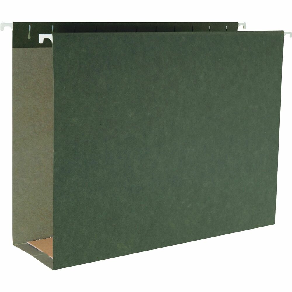 BSN43855 - Hanging Box-bottom File Folders offer an advanced design with pressboard reinforcing insert at the bottom. Ideal for handling a variety of bulky records and legal-size documents. Each hanging file folder includes tabs and inserts. Simply slip the tabs into the pre-cut slots on the inside of the folder tops. Folders contain post-consumer recycled material.