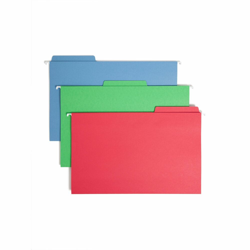 SMD64153 - FasTab Hanging Folders feature built-in, heavy-duty, two-ply tabs that are permanently attached. You won't have to bother with inserting the right tab size. These 1/3-cut tabs are 20 percent larger than standard 1/3-cut tabs for more labeling room and easy viewing. No assembly is required. Tabs are easy to label. Write directly on the tab or apply self-adhesive labels. Tab is embossed for easy label placement. Legal-size hanging folders have paper glued around rods on both sides for an even appearance. Rod tips are coated to reduce rod bending and folder tearing. Folders are made of 11 point stock. More from the Manufacturer