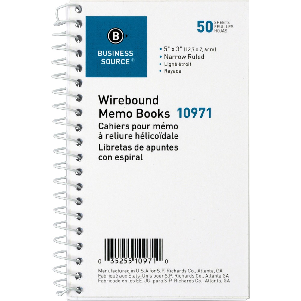 BSN10971 - Wirebound Memo Book features a rigid chipboard cover, wire binding at the side, and white paper with narrow, faint blue, and 1/4" ruling. Book has 50 sheets.