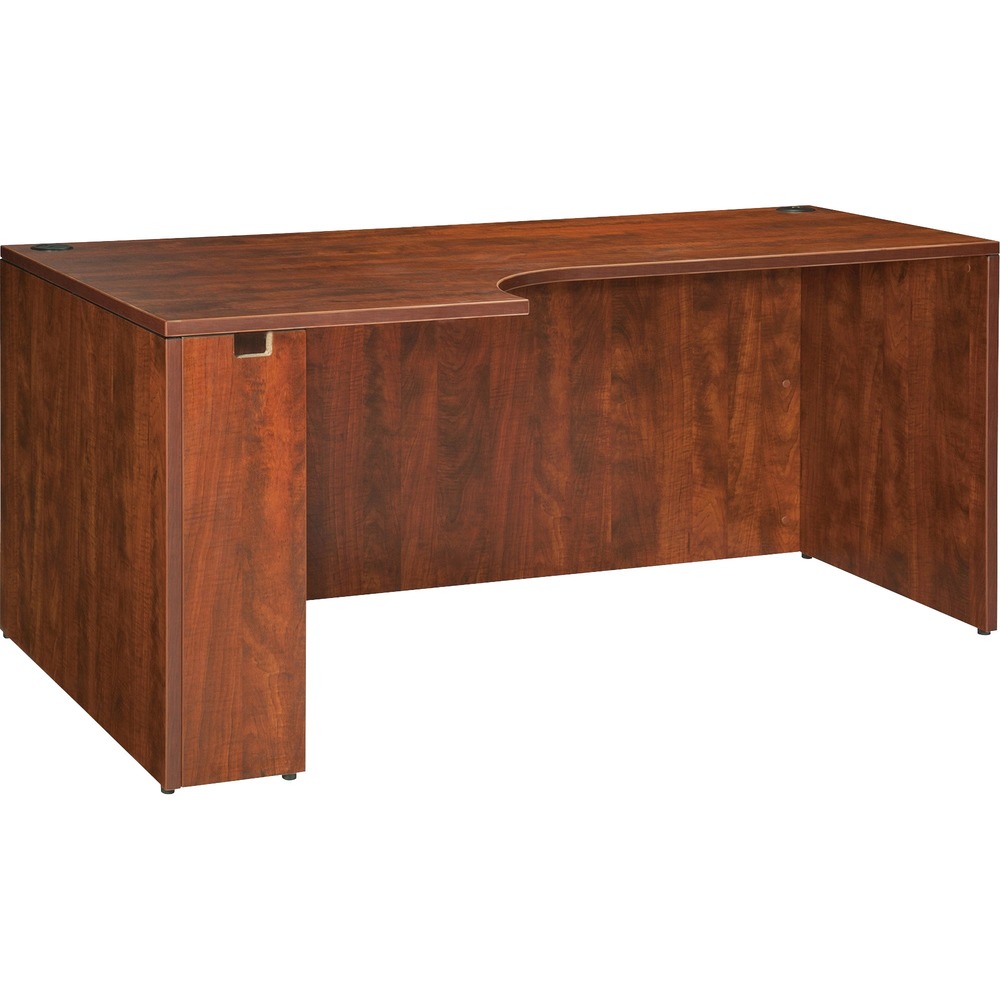 LLR69907 - Left corner credenza is part of Lorell Essentials Series Laminate Furniture with high-quality laminate construction and metal-to-metal, cam-lock connections. Cherry laminate top is 1" thick for durability. Use the two grommet holes in the top for easy cord routing. Design also includes a full modesty panel for privacy, 3mm PVC edges and adjustable feet.