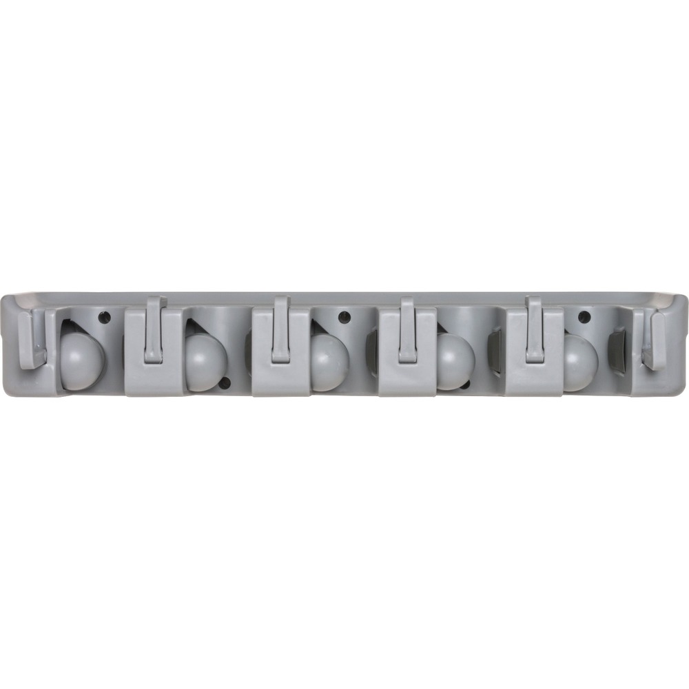 GJO12504 - Wall organizer rack for cleaning tools is designed to hold five objects with handles of varying thicknesses, plus six additional hangable objects. Just insert handle into one of five slots and a rounded, gravity controlled, rolling ball automatically adjusts to its thickness and grips it securely. Then hang hangable object on one of six hooks. Organizer rack is ideal for brooms, mops, tools and more in your office, laundry, garage, garden, utility room and more. Rack is made of sturdy ABS plastic and includes mounting hardware. Rack measures 16-1/2" wide x 3-3/4" deep x 2-3/4" high.