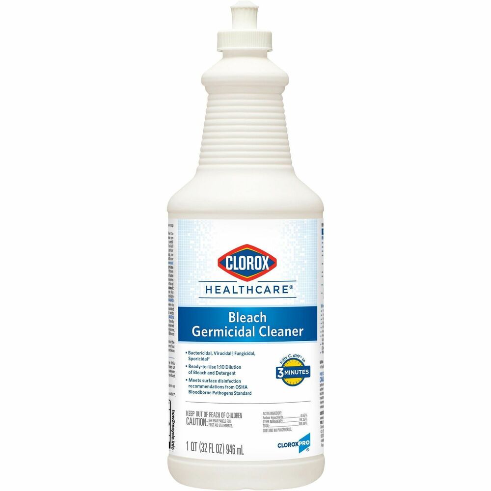 CLO68832 - Your proven bleach solution for cleaning, Clorox Healthcare Bleach Germicidal Cleaner kills C. difficile and C. auris in 3 minutes and more than 50 other microorganisms in 1 minute or less, including outbreak-causing viruses, emerging viral pathogens, MRSA and VRE, when used as directed. A precleaning step is required to kill Clostridioides difficile and Candida auris. Compatible with common healthcare surfaces including plastics and stainless steel, this versatile hospital cleaner is even recommended in medical equipment cleaning and care guides. Use in healthcare settings including hospitals, medical facilities, outpatient facilities and long-term care facilities.