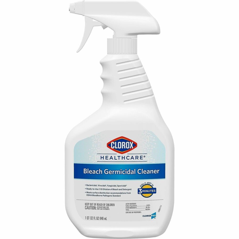 CLO68970 - Your proven bleach solution for cleaning, Clorox Healthcare Bleach Germicidal Cleaner kills C. difficile and C. auris in 3 minutes and more than 50 other microorganisms in 1 minute or less, including outbreak-causing viruses, emerging viral pathogens, MRSA and VRE, when used as directed. A precleaning step is required to kill Clostridioides difficile and Candida auris. Compatible with common healthcare surfaces including plastics and stainless steel, this versatile hospital cleaner is even recommended in medical equipment cleaning and care guides. Use in healthcare settings including hospitals, medical facilities, outpatient facilities and long-term care facilities. Reuse this spray bottle by refilling with more cleaner (not included).