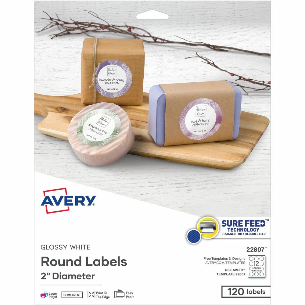 AVE22807 - Premium glossy labels offer a unique round shape to provide just the pop you need. They are ideal for branding your products, brochures and mail pieces. The print-to-the-edge capabilities accommodate impactful, colorful designs that get your brand noticed. Patented, Easy Peel label sheets with the Pop-up Edge ensure a quick, easy application. Simply bend the label sheet back, peel and return the sheet to a flat position. Backed with permanent adhesive, the labels stick to glass, plastic, paper and more, allowing you to put your mark on nearly any product. Labels are easy to format with free, online templates and designs. Self-adhesive labels are compatible with laser and inkjet printers. Each sheet contains 12 labels. More from the Manufacturer