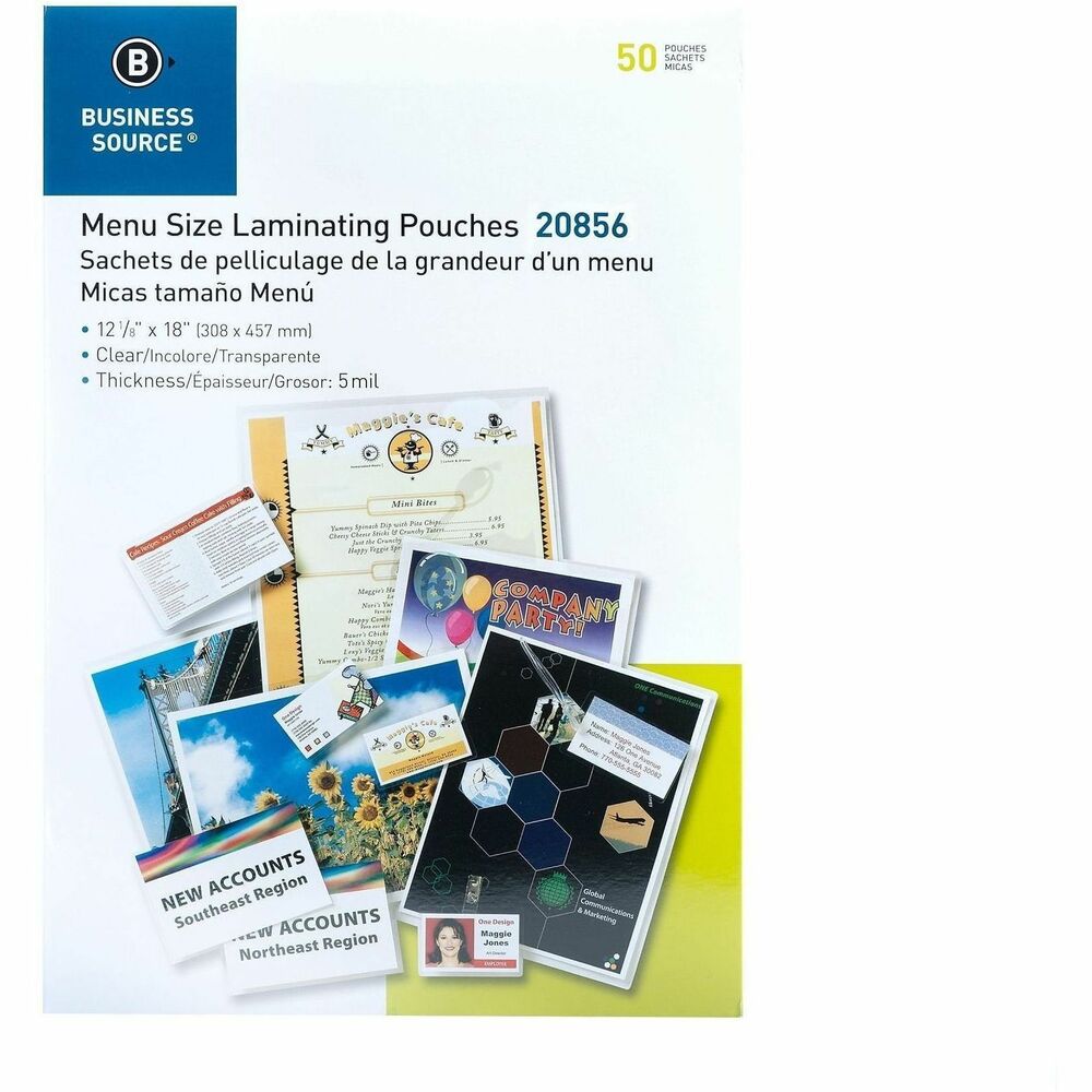 BSN20856 - Clear laminating pouch is designed to protect menu-size documents. Short side is sealed. 5 mil pouch offers a medium construction designed for moderate handling, filing or posting of items such as photos and recipe cards.