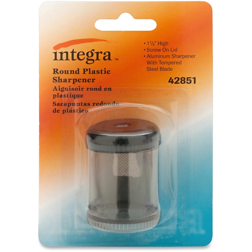 ITA42851 - Round pencil sharpener features a screw-on lid and see-through canister so you can see when you need to empty it. Single-hole aluminum sharpener features a tempered steel, sharpened blade. The handheld canister is made of plastic. Threads on the top allow easy opening and closing to empty the pencil shavings.