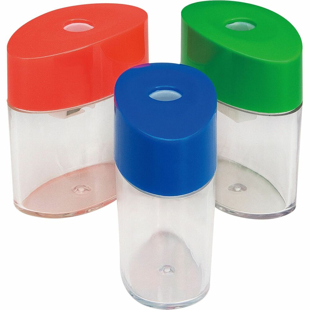 ITA42850 - Oval pencil sharpener features a colorful lid and a clear shavings receptacle so you can see when you need to empty it. Handheld canister is made of sturdy plastic and includes a steel blade for efficient sharpening. The lid offers a single hole for standard-size pencils. Simply pull off the lid to empty the pencil shavings.