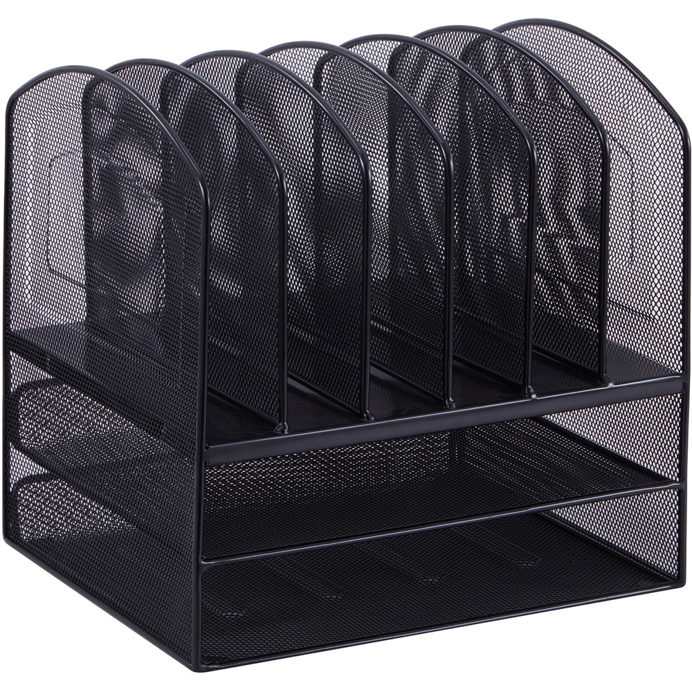 LLR37523 - Sturdy desk organizer offers two storage options to organize your constant stream of file folders and projects. Two horizontal, letter-size compartments form the organizer's base to store works in progress while six vertical compartments atop the organizer offer perfect in/out slots. Recyclable organizer is made of steel wire mesh with a black powder-coat finish.