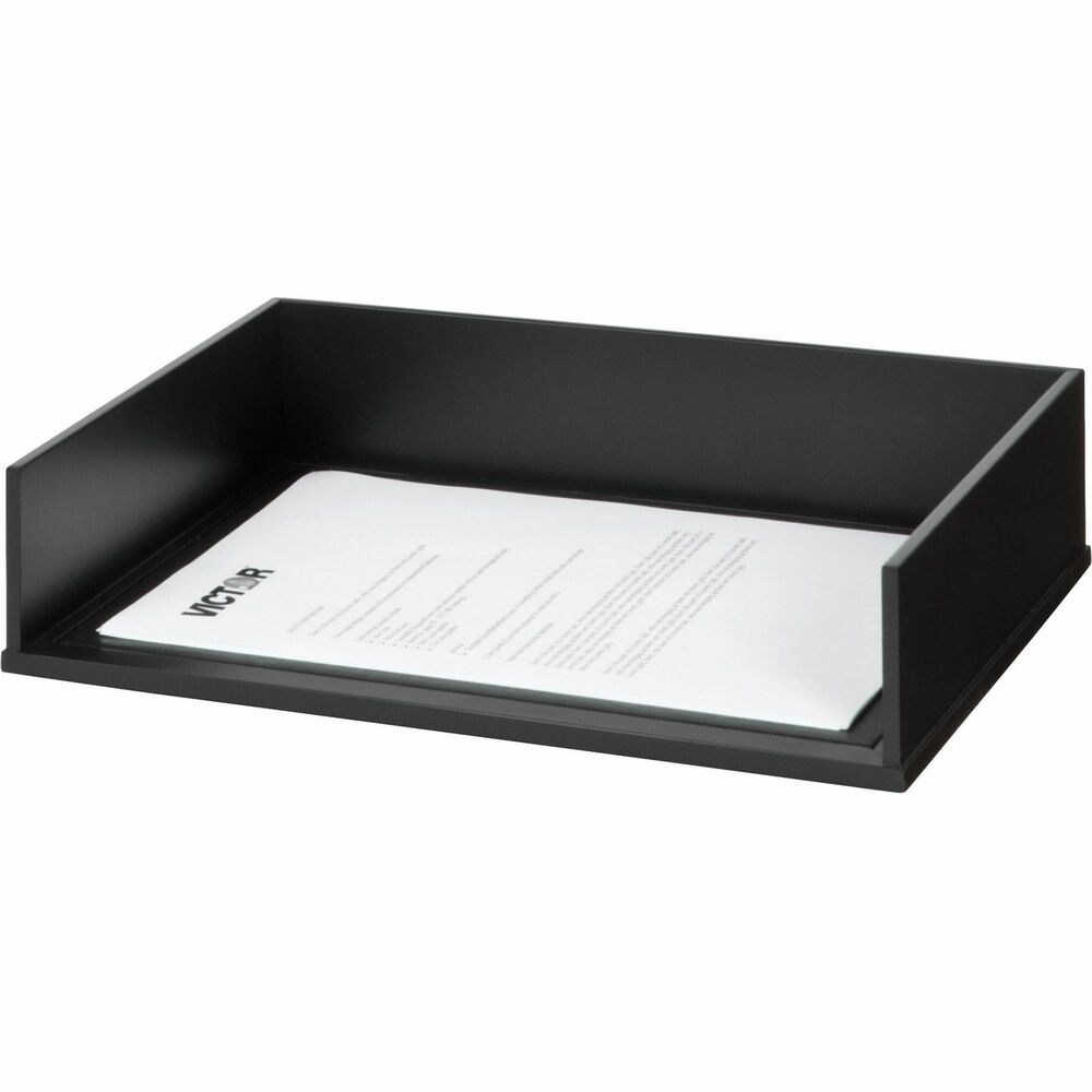 VCT11545 - Stacking letter tray is part of the Victor Midnight Black Collection that combines functional solutions with appealing design elements. Side-loading, letter-size desk tray is large enough for papers, folders and notebooks. Stackable design allows letter trays to nest securely on top of one another for solid stacking up to five high. Sturdy, 2.4 lb. wood construction is double-coated with a matte black finish for durability. Faux-leather top adds a touch of class. Nonslip rubber feet reduce movement and protect your worksurface from scratches and scuffs. Stylish design with crown molding base makes a great addition to any desk. More from the Manufacturer