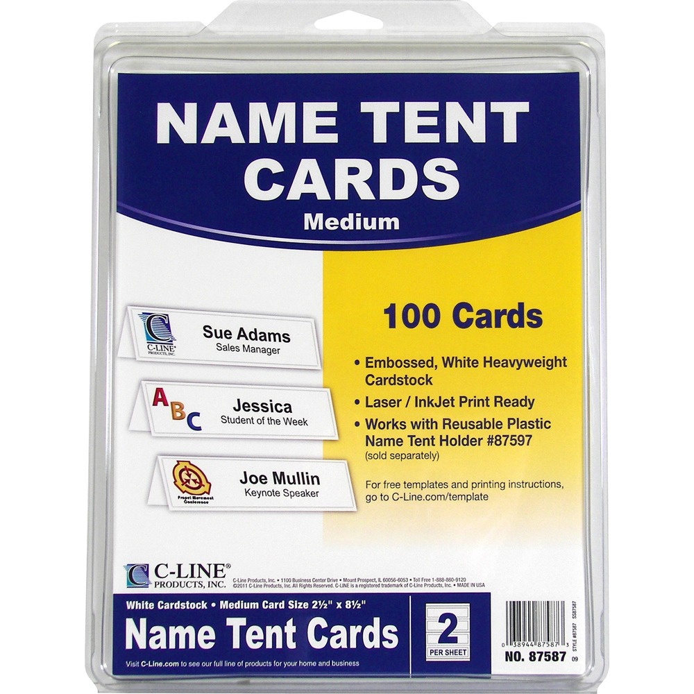 CLI87587 - Create name tents and signs with your inkjet or laser printer. Name tent sits on desk, table or any flat surface. Ideal for offices, conferences, meetings and more. Simply insert your printed cardstock into a reusable heavyweight plastic tent holder (sold separately) to display a name or sign prominently. Three sizes of displays are available. Cardstock is scored for easy folding and available to accommodate all three sizes. Inserts are on letter-size paper for easy printing.
