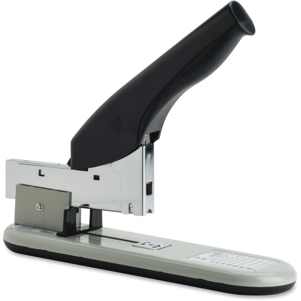 BSN62825 - Heavy-duty stapler uses various sized staples to fasten 30 to 210 sheets. Design includes steel construction, nonskid rubber base and an adjustable throat depth. Throat depth measures 2". A 1/4" staple will fasten 30 sheets of 16 lb. paper. A 5/16" staple fastens 50 sheets. A 3/8" staple fastens 70 sheets. A 1/2" staple fastens 100 sheets. A 9/16" staple fastens 120 sheets. A 5/8" staple fastens 140 sheets. A 13/16" staple fastens 170 sheets. A 7/8" staple fastens 200 sheets. A 15/16" staple fastens up to 220 sheets.