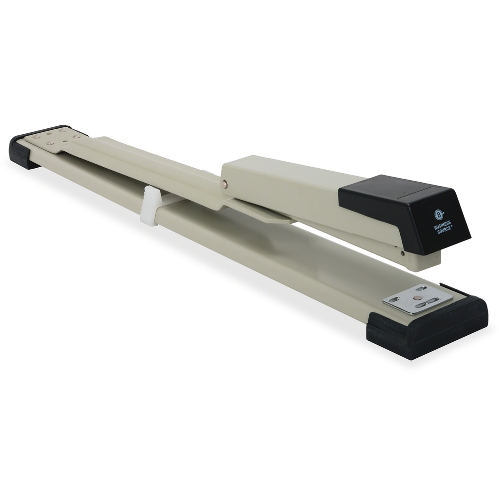 BSN62827 - Long Reach Stapler's throat depth is adjustable up to 12" , letting you staple up to 1' from the paper's edge. Perfect for center stitch stapling of even the largest pamphlets or brochures, or for stapling or fastening cards or tags. Stapler staples up to 20 sheets of 20 lb. paper and uses a full strip (210 staples) of standard 1/4" staples.
