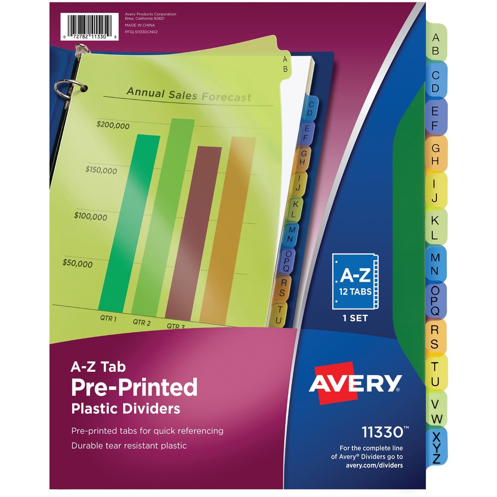 AVE11330 - Plastic dividers with preprinted tabs organize documents quickly and easily. 12 preprinted tabs are labeled A to Z on the back and front for quick referencing and retrieval. Three-hole punched edges make the dividers ready for insertion into standard, three-ring binders. Durable, translucent plastic is ideal for frequent use and makes page-turning easy. Assorted colors include blue, green, orange and yellow. More from the Manufacturer
