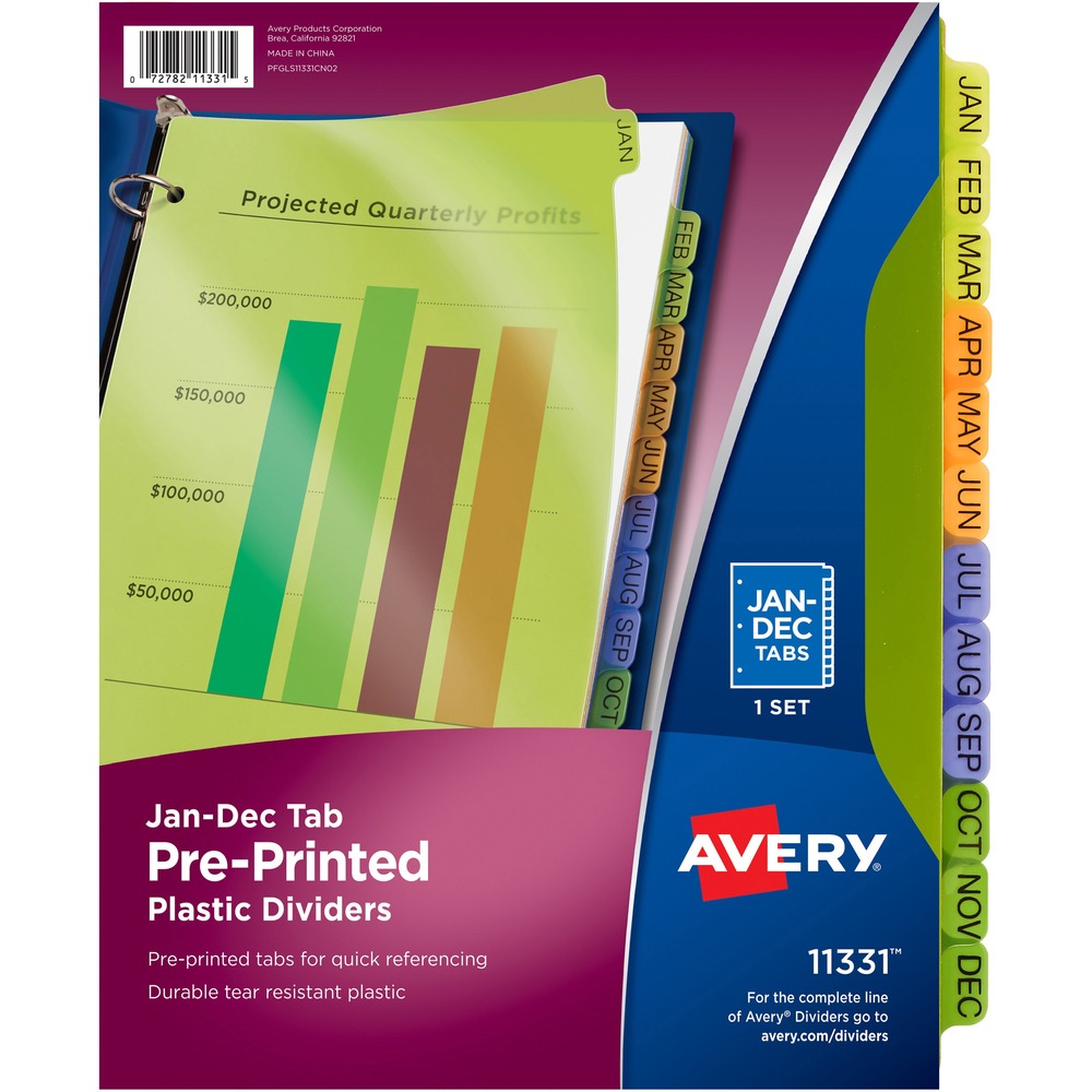 AVE11331 - Plastic dividers with preprinted monthly tabs organize documents quickly and easily. 12 preprinted tabs are labeled with the three-letter abbreviation on the back and front for quick referencing and retrieval. Three-hole punched edges make the dividers ready for insertion into standard, three-ring binders. Durable translucent plastic is ideal for frequent use and makes page-turning easy. Assorted colors include blue, green and dark orange. More from the Manufacturer