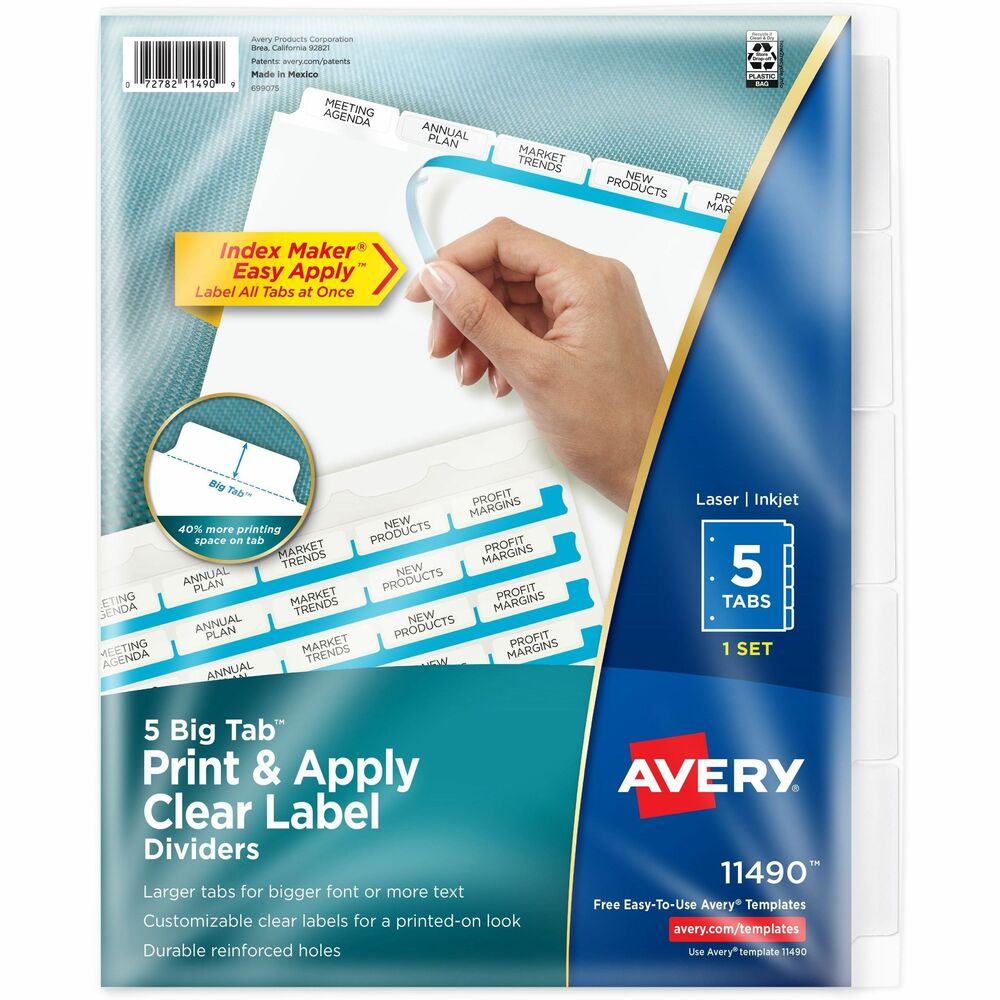 AVE11490 - Don't waste time and money ordering custom printed binder dividers with tabs when you can easily create and print your own personalized dividers with Avery Index Maker Clear Label Big Tab Dividers. Our larger Big Tab design offers more room for bigger fonts, more text and even logos or images. Customize your title tabs quickly and easily using the free templates on the Avery website and print with your inkjet or laser printer for clean, professional looking results in minutes. This pack comes with one set of 5-tab dividers, and the Easy Apply clear label strips make it simple to apply all 5 labels at once. Just print, align labels against tabs, smooth down labels and peel up strip. Each 3-hole punched durable divider also features doubled-sided, reinforced tabs and edges to help resist tearing for long-lasting, everyday use. These 3 ring binder dividers with tabs are a great addition to your medical office supplies, school binders, personal organizers, tax office supplies, presentation reports and more. Print, peel, and press your way to a perfect, precise project.    More from the Manufacturer