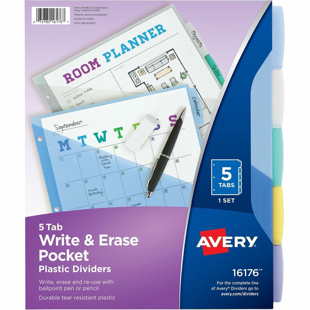 AVE16176 - Organize your life in moments with this set of Write & Erase plastic dividers with pockets. Stylish tabs allow plenty of room and can be written on with a ballpoint pen or pencil. Reuse these dividers by simply erasing your old text and writing something new. These vibrant dividers add a jolt of color and personality to any project. Translucent pocket is ideal for storing class schedules, homework assignments, classroom syllabi and more. Diagonally cut pockets also make it easy to slip documents in and out in moments. Each divider pocket can hold up to 25 sheets and is assembled with a durable, tear-resistant plastic material that withstands frequent use. Use dividers for organizing classwork, planning dorm layouts or scheduling your week. More from the Manufacturer