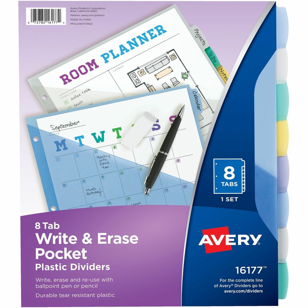 AVE16177 - Organize your life in moments with this set of Write & Erase plastic dividers with pockets. Stylish tabs allow plenty of room and can be written on with a ballpoint pen or pencil. Reuse these dividers by simply erasing your old text and writing something new. These vibrant dividers add a jolt of color and personality to any project. Translucent pocket is ideal for storing class schedules, homework assignments, classroom syllabi and more. Diagonally cut pockets also make it easy to slip documents in and out in moments. Each divider pocket can hold up to 25 sheets and is assembled with a durable, tear-resistant plastic material that withstands frequent use. Use dividers for organizing classwork, planning dorm layouts or scheduling your week. More from the Manufacturer