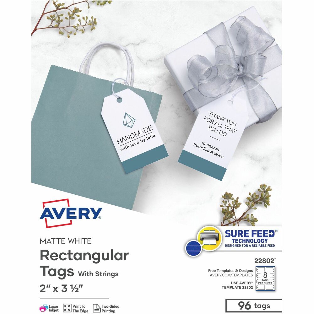 AVE22802 - Give your products an upscale, elegant feel with easy-to-customize hanging tags. These microperforated, print-to-the-edge tags are optimized to display rich colors and sharp text. The double-sided printing feature gives plenty of room for your logo, message, pricing or bar code. Tags come with pre-punched holes and premium-style fabric strings with a quick-latch fastener for easy and secure attachment to your retail products. Easily customize your tags with free online templates and designs. Each letter-size sheet contains eight tags and is compatible with inkjet printers. More from the Manufacturer