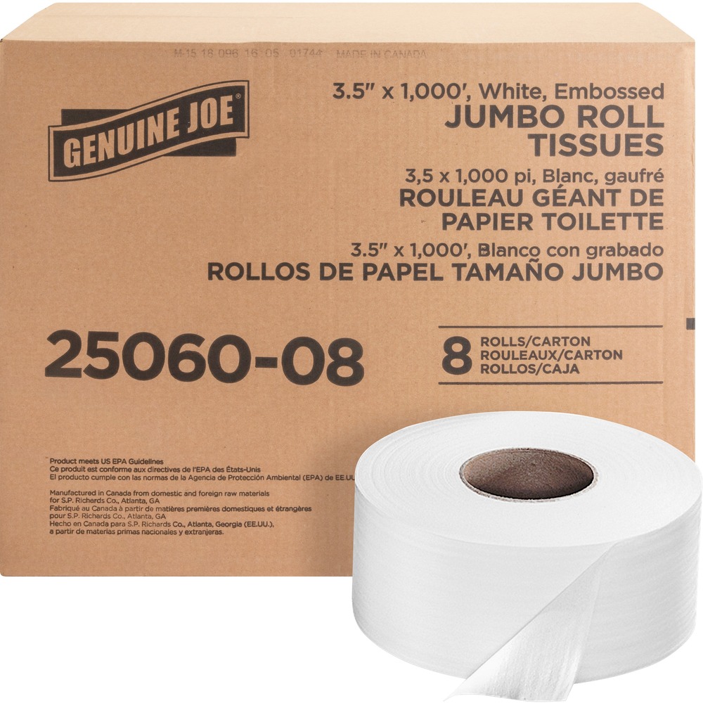 GJO2506008 - Jumbo roll of bath tissue is ideal for high-traffic restrooms. Two-ply tissue is nonperforated and measures 3-1/2" wide x 1000' so it will fit in standard, jumbo bathroom-tissue dispensers. Unscented bath tissue is made from a high percentage of recycled fiber that easily exceeds EPA guidelines.
