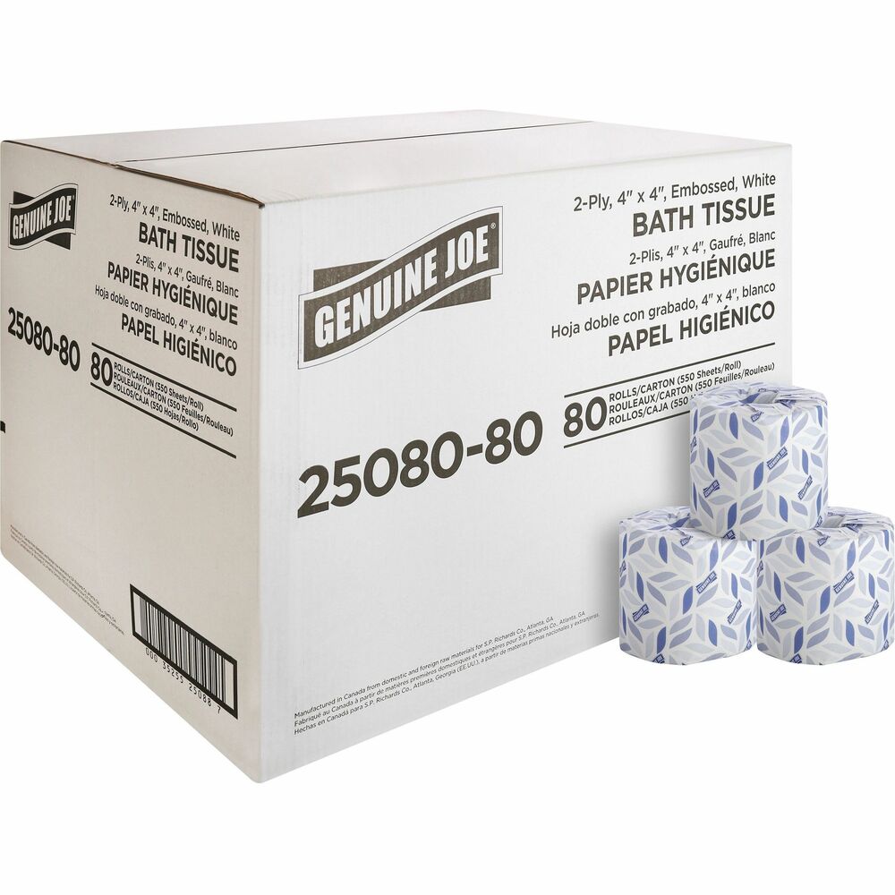 GJO2508080 - Embossed bath tissue offers two-ply sheets that are securely overall-wrapped for maximum sanitation. Perforated tissue offers exceptional whiteness, absorbency and softness and is suited for restroom applications. Each roll fits standard-roll, bathroom-tissue dispensers. Bathroom tissue is safe for sewer and septic systems.