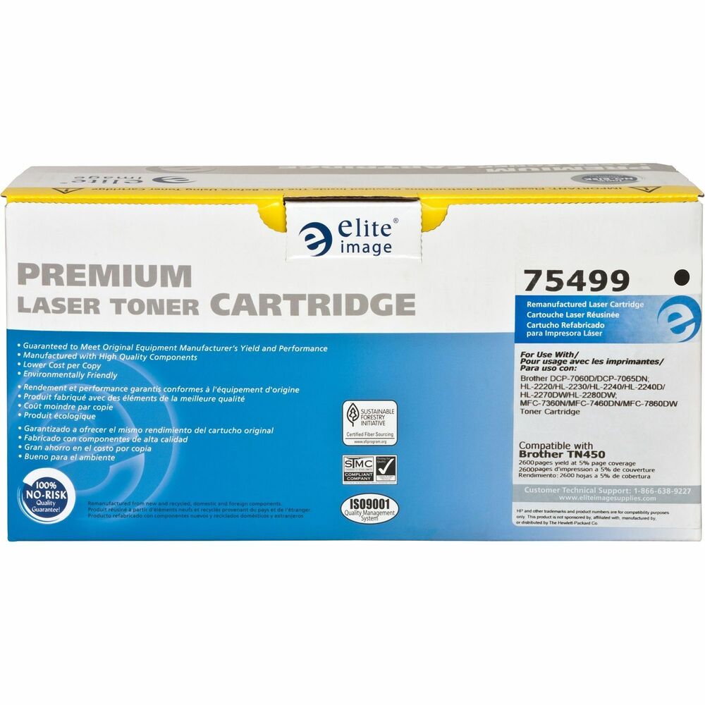 ELI75499 - Remanufactured toner cartridge is designed for use with Brother DCP-7060D, DCP-7065DN, HL-2220, HL-2230, HL-2240, HL-2240D, HL-2270DW, HL-2275DW, HL-2280DW, IntelliFax-2840, IntelliFAX-2940, MFC-7240, MFC-7360N, MFC-7365DN, MFC-7460DN and MFC-7860DW. Cartridge yields approximately 2,600 pages. Elite Image is ISO certified. More from the Manufacturer