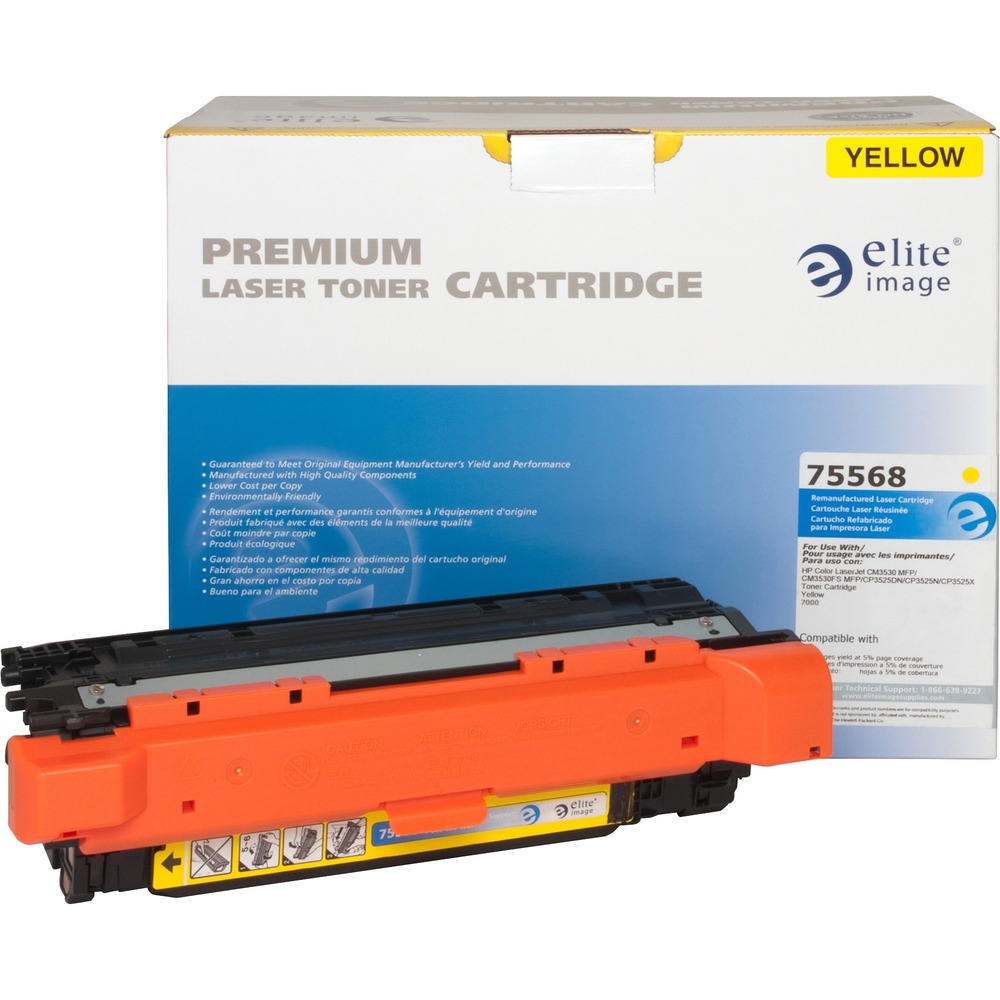 ELI75568 - Remanufactured toner cartridge is designed for use with HP Color LaserJet Printers CP3525n, CP3525dn, CP3525x, CM3530 MFP and CM3530fs MFP. Cartridge yields approximately 7,000 pages. Elite Image is ISO certified. More from the Manufacturer