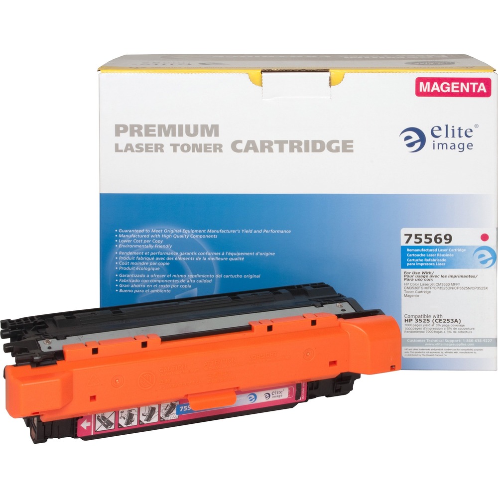 ELI75569 - Remanufactured toner cartridge is designed for use with HP Color LaserJet Printers CP3525n, CP3525dn, CP3525x, CM3530 MFP and CM3530fs MFP. Cartridge yields approximately 7,000 pages. Elite Image is ISO certified. More from the Manufacturer