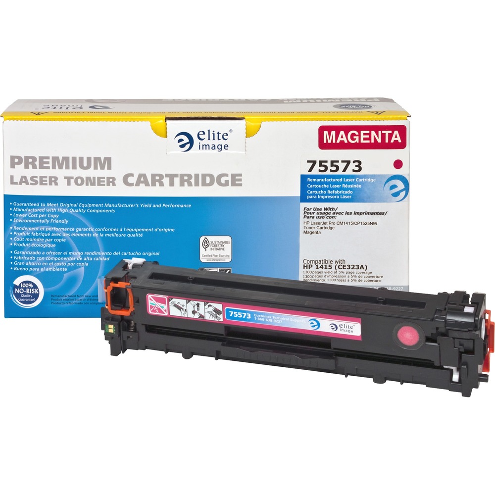 ELI75573 - Remanufactured toner cartridge is designed for use with Hewlett-Packard Color LaserJet Printers CM1415fnw MFP and CP1525nw. Cartridge yields approximately 1,300 pages. Elite Image is ISO certified. More from the Manufacturer