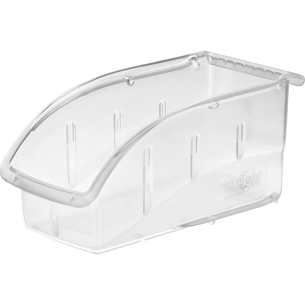 AKM305B1 - InSight ultra-clear bin provides attractive, convenient storage. Transparent, autoclavable polycarbonate material provides maximum visibility and easy identification of supplies. Bins can be securely stacked even with lids attached. Strong molded hanger easily hooks onto rails or louvered panels for added storage versatility. Six plastic button feet line the bottom to stabilize the bin on flat or wire shelves. The front of the bin offers a convenient labeling area. Lid is sold separately.