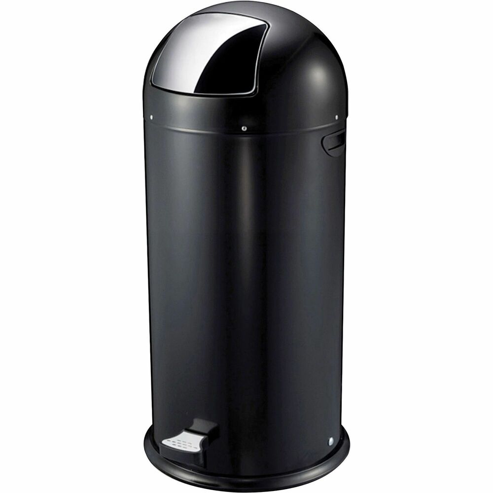 GJO58890 - Pedal receptacle features steel construction, a galvanized liner, and nonporous, easy-clean finish. Hands-free foot pedal operates the self-closing door that controls odors and permits insertion of waste without touching disposal opening door. Trash can is ideal for all commercial settings and buildings. Top is rounded for a sleek look.
