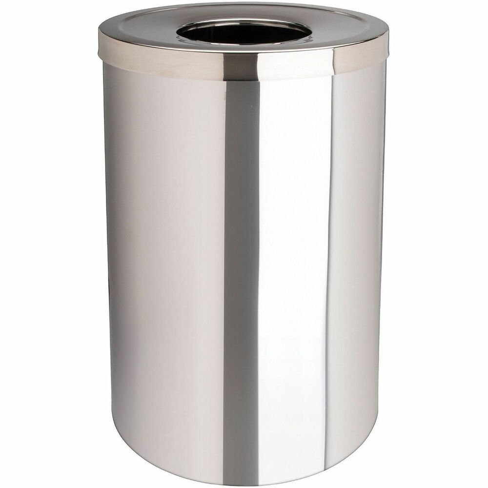GJO58895 - Trash receptacle is both attractive and durable with its heavy-duty, stainless steel body. Open-mouth design allows easy trash disposal while the smooth, cylindrical exterior blends well with your location's decor. Trash receptacle offers a 30-gallon capacity.