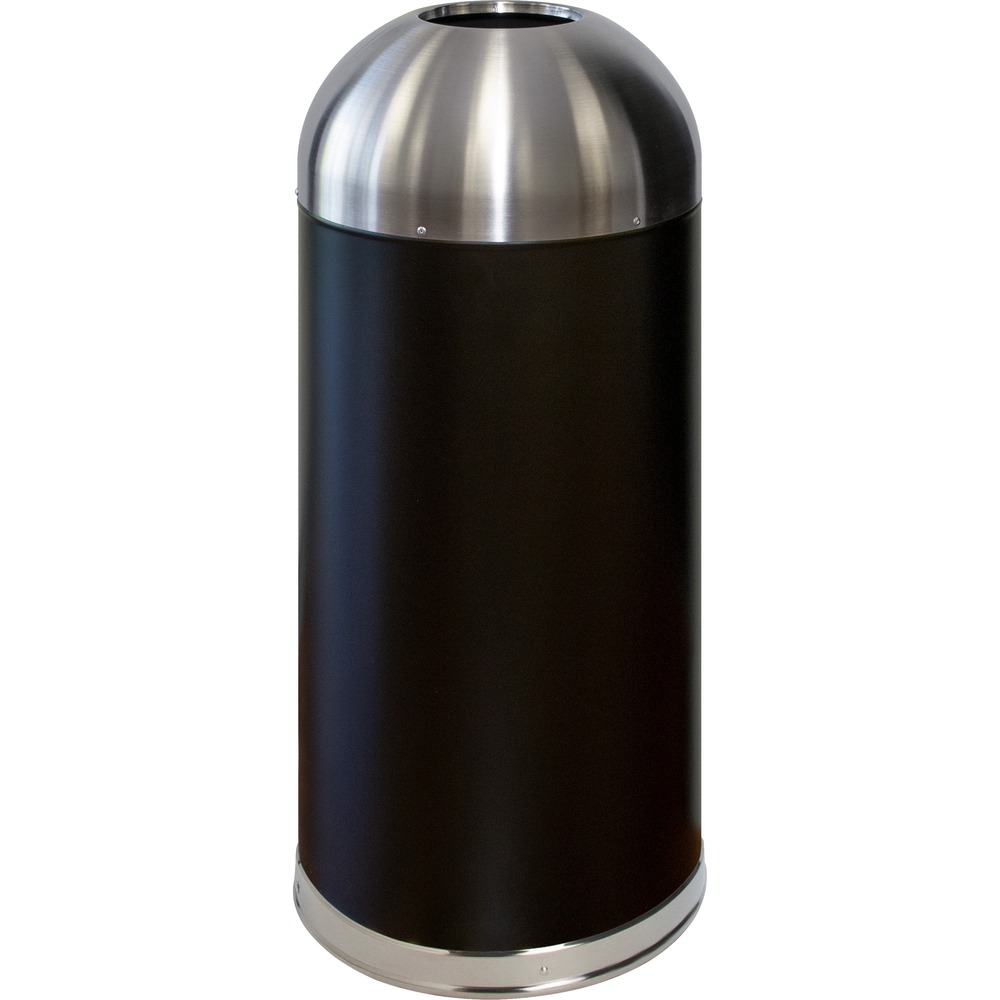 GJO58896 - Trash receptacle features a stainless steel, open domed top for easy access. The durable, powder-coated body features a two-toned design and nonporous, easy-to-clean finish. The galvanized liner offers a 15 gallon capacity.