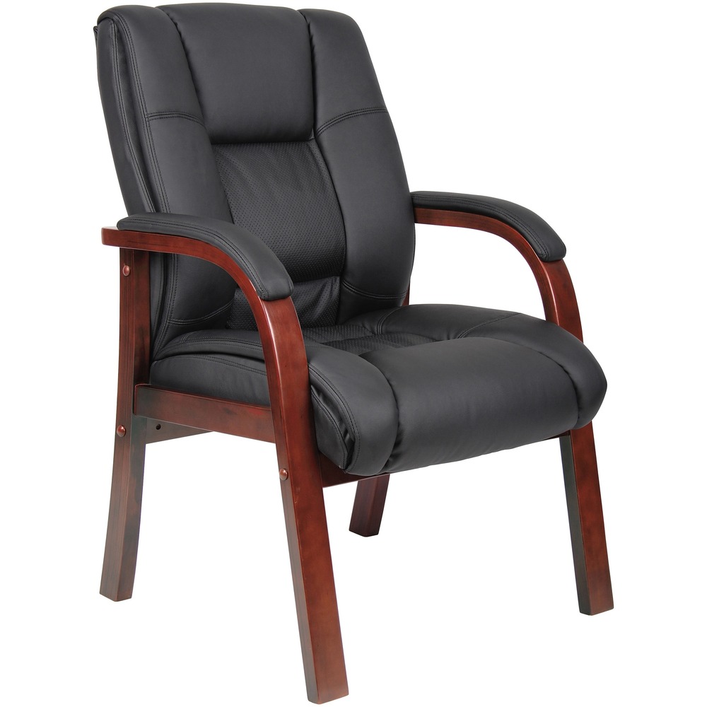BOPB8999C - Mid-back guest chair with cherry finished wood features plush, Dacron-filled top cushions that provide a high level of comfort to give your guests an enhanced seating experience. Caressoft upholstery gives you the look and feel of leather while allowing it to be easily cleaned with a damp cloth. Plus, the durable upholstery is ultra-soft and breathable for more comfort throughout your entire day. Fixed loop arms are ergonomically designed for extreme comfort through extended use. Wooden leg base is sturdy and strong while remaining regal in appearance. Guest chair supports up to 275 lb.