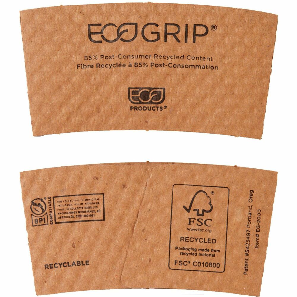 ECOEG2000 - Coffee sleeve is made from a high percentage of recycled content to keep waste out of landfills. Durable construction keeps drinks warm and shields your hands from heat. Eco-friendly graphics clearly show your commitment to environmentally preferred materials. Coffee sleeve is designed for Eco-Products 10 to 20 oz. hot cups (sold separately).