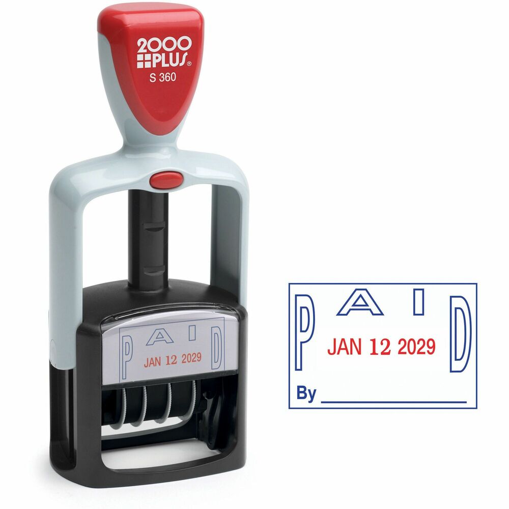 COS011033 - Two-color dater makes tracking incoming paperwork easy by stamping the word, PAID, in blue and the date in red. Below the date, the 1-1/4" x 1-3/4" impression also prompts you to write who received the documentation with the word, BY, and a line in blue. The dater is easy to use with a built-in, two-color stamp pad for date and message. Simply press and print. 2000 Plus Two-Color Dater includes a six-year band and light-duty, ABS plastic mount. Cartridge-style ink pad delivers up to 5,000 impressions before re-inking. Dater is self-inking with water-based ink.