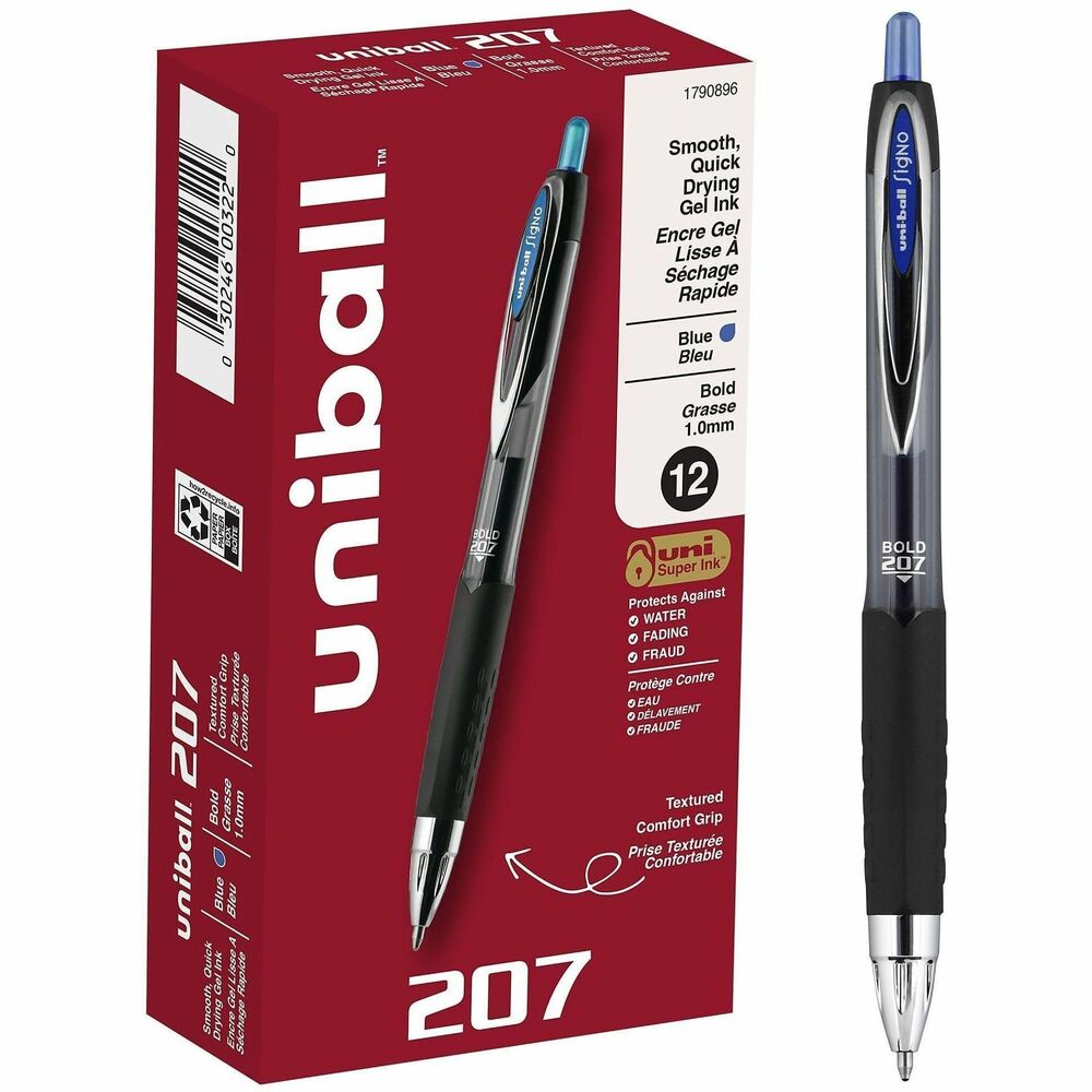 UBC1790896 - Stock your office, home or classroom with 207 Retractable Gel Pens from uniball featuring a 1.0mm bold point with a stainless steel tip that resists bending and breaking.. Even-flowing, pigment-based gel ink delivers a smooth writing experience for intense, vibrant lines, ensuring that every mark is brilliantly communicated. Use these retractable gel pens for everyday writing tasks, check signing and all of your important signatures, trusting its quick-drying uni Super Ink. Innovative uni Super Ink technology effectively entraps the gel ink into the paper, producing fraud, fade and water-resistant documents that resist check washing or bleaching. The 1.0mm bold point renders an outstanding gel ink lay-down, producing pronounced letters, numbers and graphics. A textured grip offers greater comfort and control as you continue writing, while a translucent ink window indicates the level of gel ink remaining, so you don't run out unexpectedly. The sleek design of the 207 with modern metal accents gives the retractable gel pen a stylish touch.