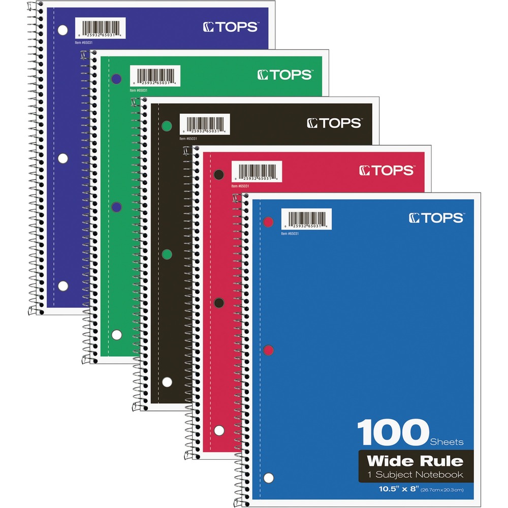 TOP65031 - One-subject notebook contains 100 sheets of bright white paper for neat note-taking. Three-hole punched design allows notebooks or individual sheets to be place directly into standard, three-ring binders. Legal/wide-ruled sheets feature a light blue ruling, three-hole punched edge and Letr-Trim perforation for clean and easy sheet removal. Coil-lock wire binding on the side won't snag clothing or scratch desktops. 27 point chipboard backing helps protect your notes.