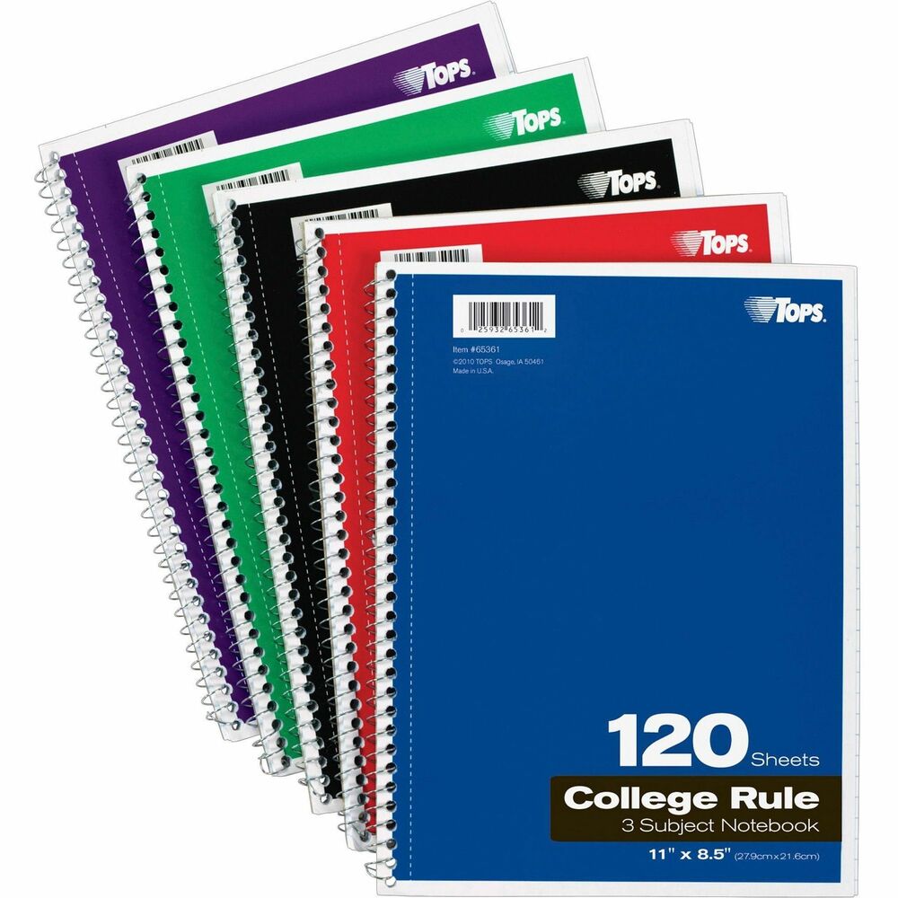 TOP65361 - Three-subject notebook contains 120 letter-size sheets of bright white paper divided by two plain dividers to keep you organized. College-ruled sheets feature a light blue ruling and Letr-Trim perforation for easy sheet removal. Coil-lock wire binding on the left side won't snag clothing or scratch desktops. 27 point chipboard backing helps protect your notes inside.