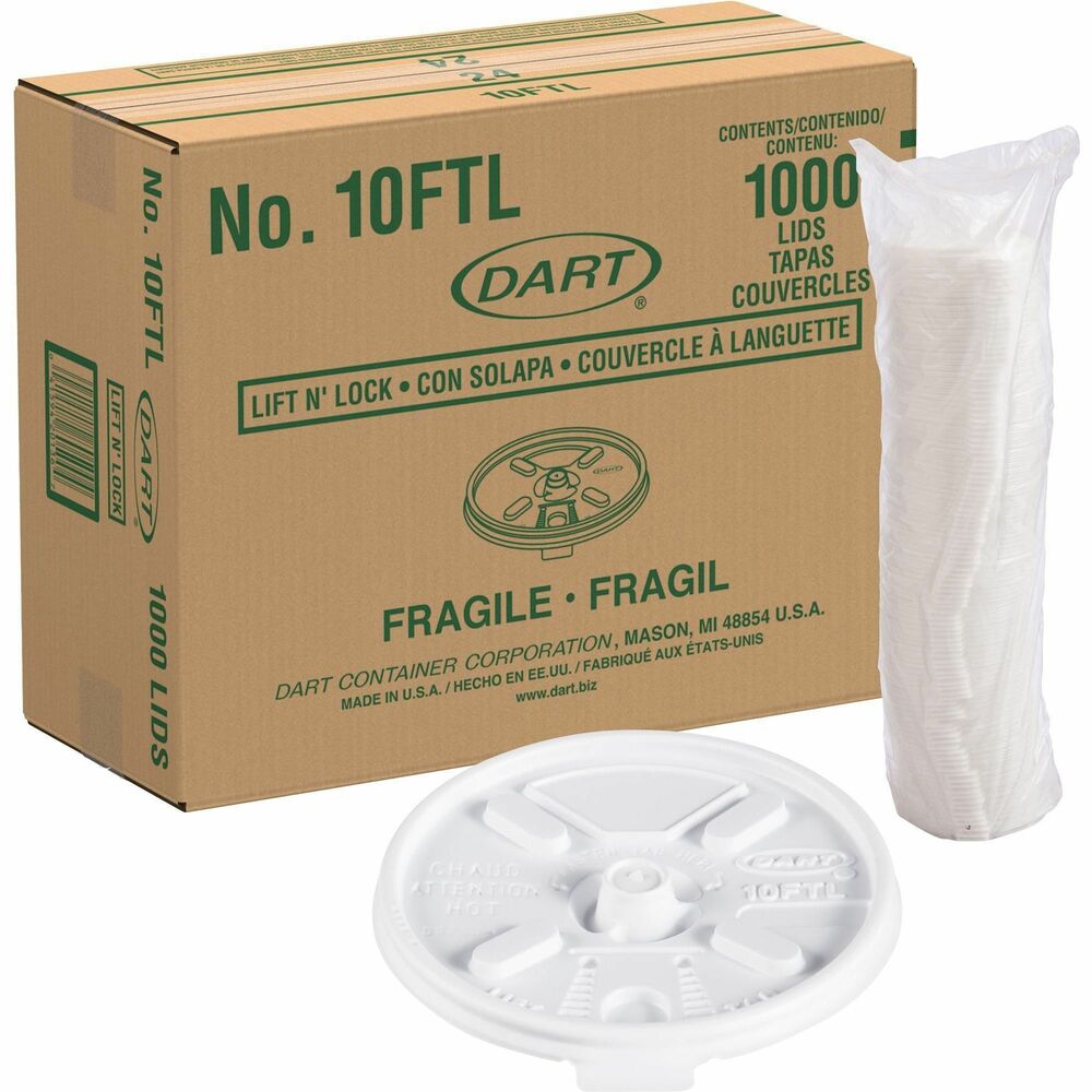 DCC10FTL - Lift-n-lock lid with fold tab is designed for use with foam cups. Closing tab helps avoid spills. Plastic lid is great for the breakroom and carrying liquids to your desk. It is great for use with coffee, soft drinks, shakes, juice, tea or water. Compatible cups include 10J10, 10KY10 and 10X10. More from the Manufacturer