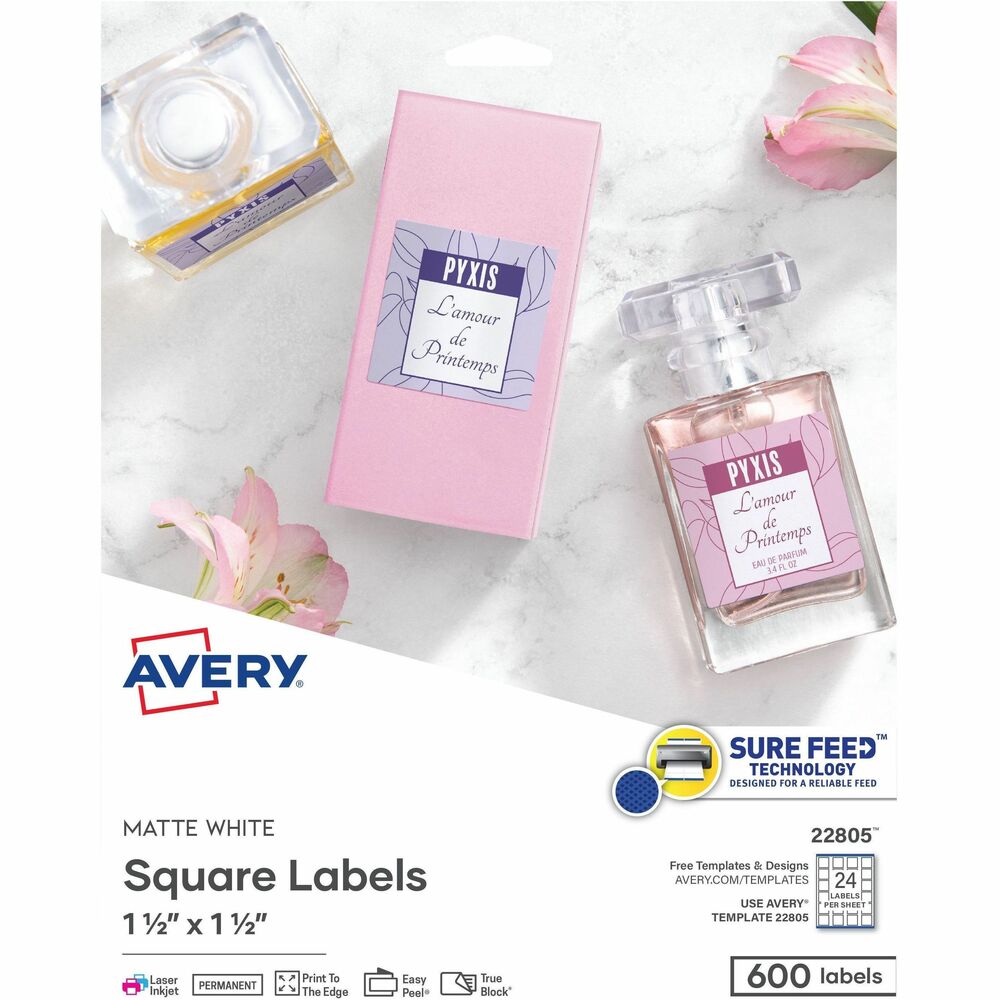 AVE22805 - Easy Peel White Square Labels are ideal for branding, promotional items, packaging, mailings, brochures and other business products. These small square labels can be customized to promote your company or product, or connect customers to your website and other digital media with 2D bar code or QR Code. Print-to-the-edge feature lets you add a full-color background to your brand logo, product name, address or message. Patented, Easy Peel label sheets with Pop-up Edge ensure a quick and easy application. Simply bend the label sheet back, peel and return the sheet to a flat position. With room to print a bar code and one line of text, you can drive customers to your website, social networking feeds, video content, a map of your location or other information. Patent-pending TrueBlock Technology blocks out words or other dark colors underneath the label to provide more accurate bar-code scans, while completely covering the surface below. Labels are compatible with laser and inkjet printers. More from the Manufacturer