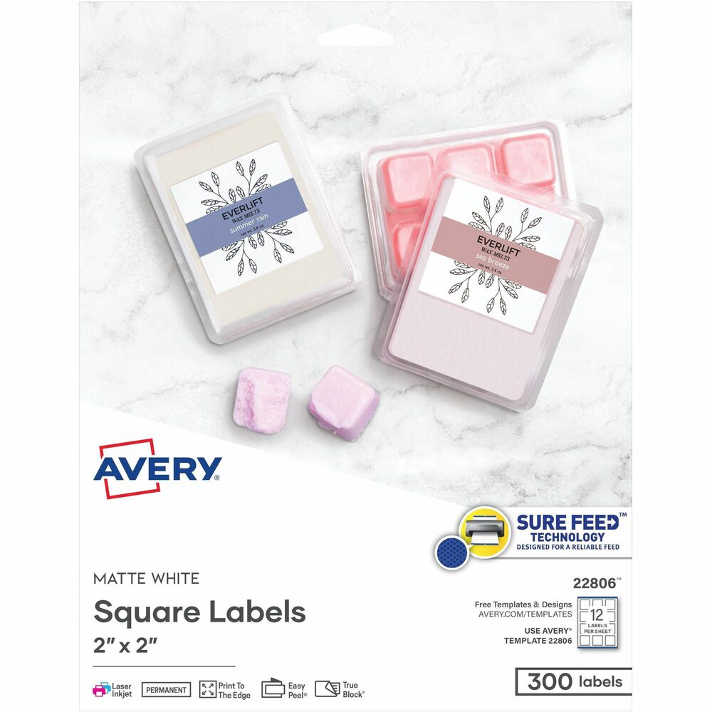 AVE22806 - Easy Peel White Square Labels are ideal for branding, promotional items, packaging, mailings, brochures and other business products. These small square labels can be customized to promote your company or product, or connect customers to your website and other digital media with 2D bar code or QR Code. Print-to-the-edge feature lets you add a full-color background to your brand logo, product name, address or message. Patented, Easy Peel label sheets with Pop-up Edge ensure a quick and easy application. Simply bend the label sheet back, peel and return the sheet to a flat position. With room to print a bar code and one line of text, you can drive customers to your website, social networking feeds, video content, a map of your location or other information. Patent-pending TrueBlock Technology blocks out words or other dark colors underneath the label to provide more accurate bar-code scans, while completely covering the surface below. Labels are compatible with laser and inkjet printers. More from the Manufacturer