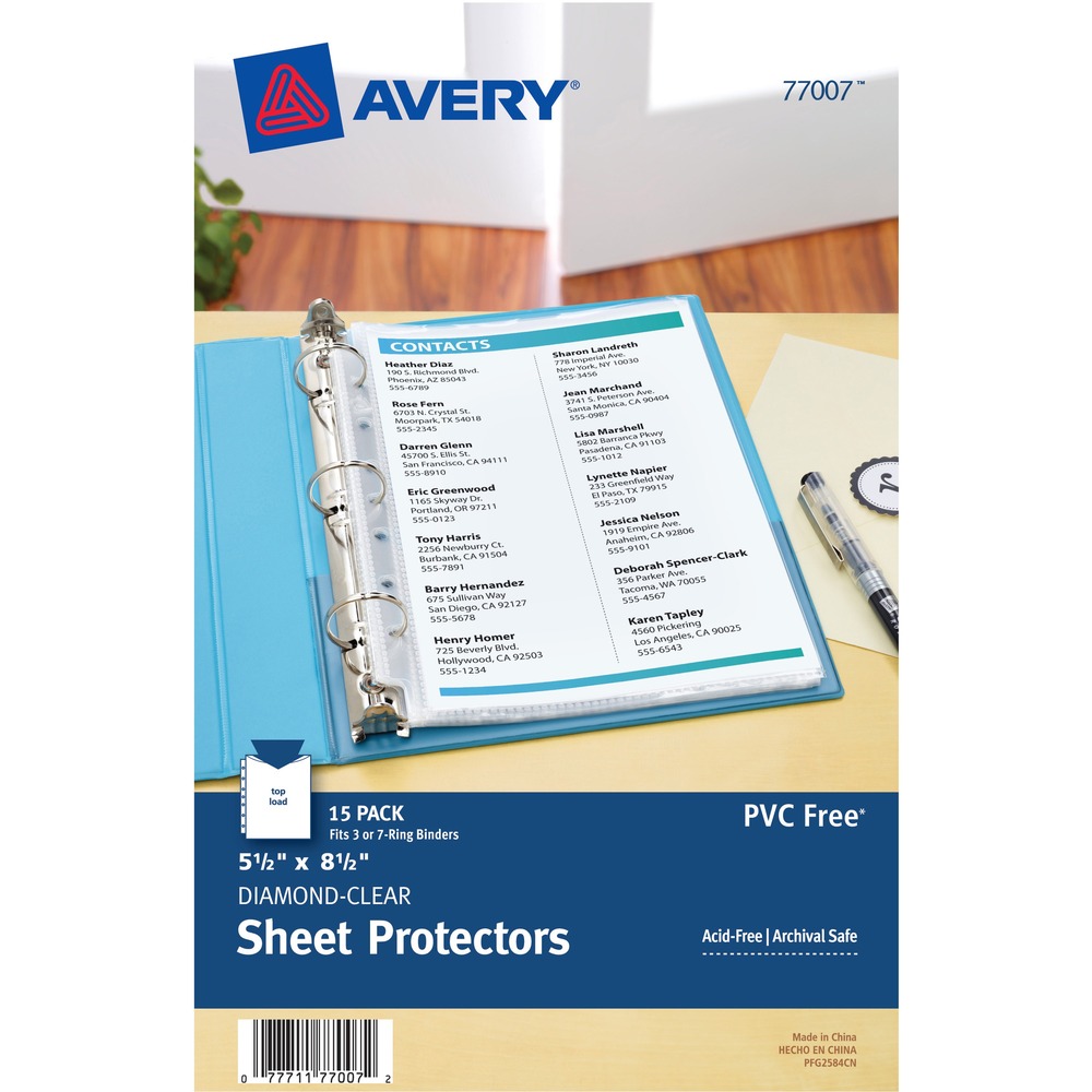 AVE77007 - The solution to keeping your important papers protected is crystal clear with these 5-1/2" x 8-1/2" Diamond Clear Heavyweight Sheet Protectors. Designed to both safeguard your papers and show them off, the mini protectors deliver a crisp view of your documents as well as durable protection. Acid-free, archival-safe polypropylene material ensures your pages stay in pristine condition and that the print remains on your papers, not on the protectors. Clear binding edge brings a clean, professional look to all your documents, diamond-clear protectors. More from the Manufacturer