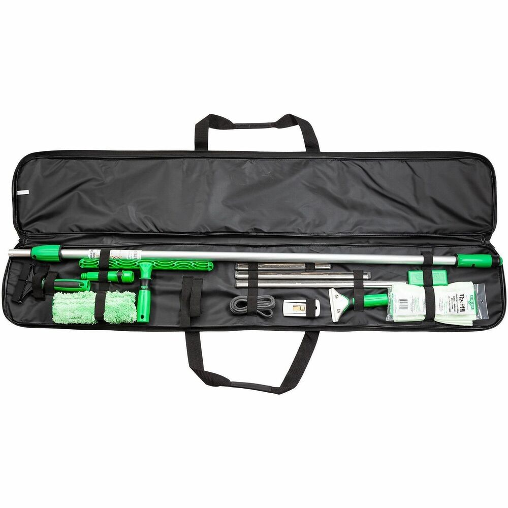 UNGETSET - ErgoTec Professional Window Cleaning Kit with 76 pieces makes window-washing jobs easier than ever. Included cleaning tools help you achieve both a professional-grade clean and ergonomic comfort during use. Microfiber StripWasher Sleeve, attached by hook-and-loop closure, can survive up to 500 wash cycles and absorbs up to six times its own weight in liquid. Stainless steel S-Channels secure rubber squeegee inserts for effective, streak-free squeegee performance and professional finish. ErgoTec scraper's reversible carbon-steel blade scrapes paint and tape with its razor edge and cement and stucco with its blunt edge. OptiLoc 2-Section Pole made from aluminum easily fits various tools using ErgoTec Locking Cones to limit ladder use.