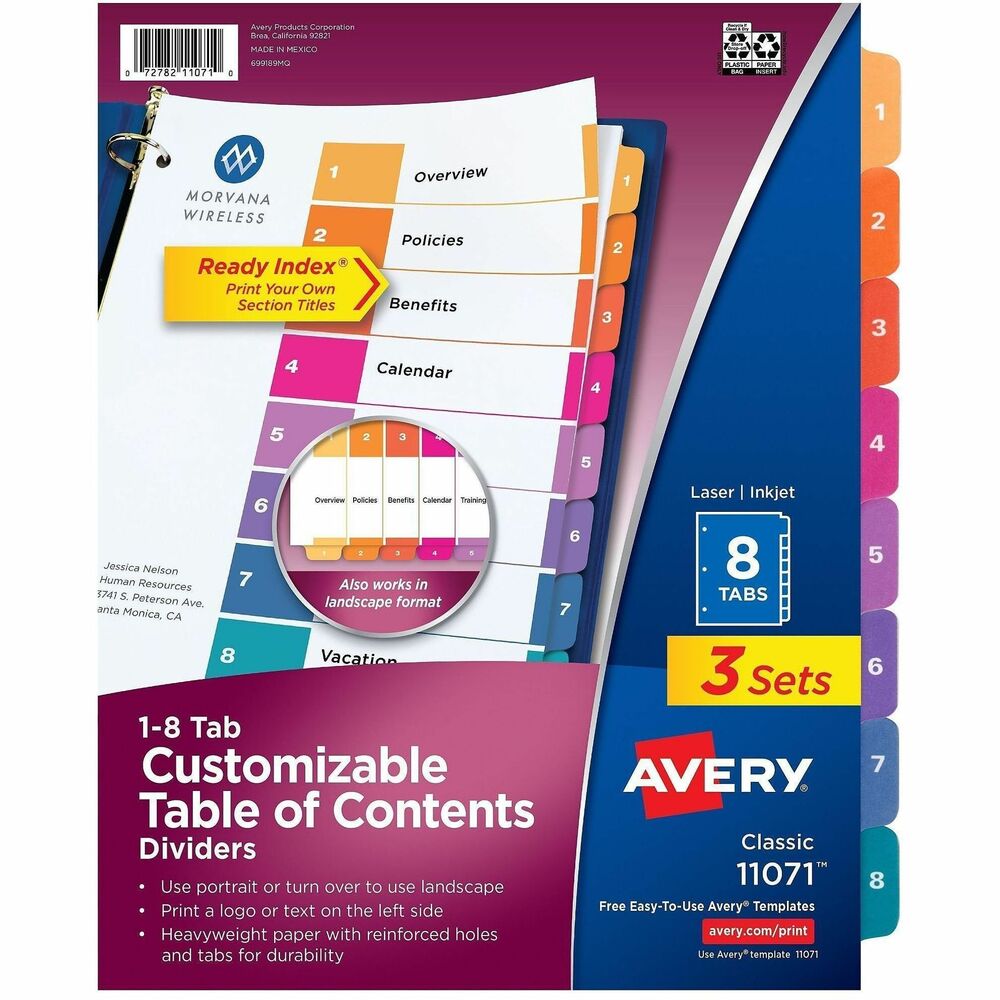AVE11071 - Coordinated divider system makes referencing easy and delivers a professional look. The set includes a reinforced Table of Contents page, matching preprinted tab dividers in assorted colors, added tab reinforcement, double-sided hole reinforcement on tabbed dividers and paper made of heavy stock. 2-in-1 tab design lets you pick between portrait and landscape formats. Simply print the section titles onto the Table of Contents page using your inkjet or laser printer. Tab dividers are also compatible with typewriters and copiers. Dividers are three-hole punched for use in binders. Avery offers many easy-to-use templates for Microsoft Word and other popular software programs. More from the Manufacturer