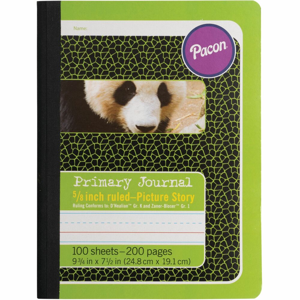 PAC2428 - Composition book helps track students' handwriting progress with fully, 5/8" (short) ruled sheets. Colorful distinctive covers make it easy to find the grade level and ruling you are looking for. Inside front cover is printed with the alphabet. Rulings conform to D'Nealian (K) and Zaner Bloser (1) handwriting styles. Sheets include a 4-1/2" picture story space at the top to engage children's creativity and enthusiasm. The distance between the dotted midline and the baseline and the distance in the skip space are 5/16". Composition book contains 100 sheets or 200 pages.