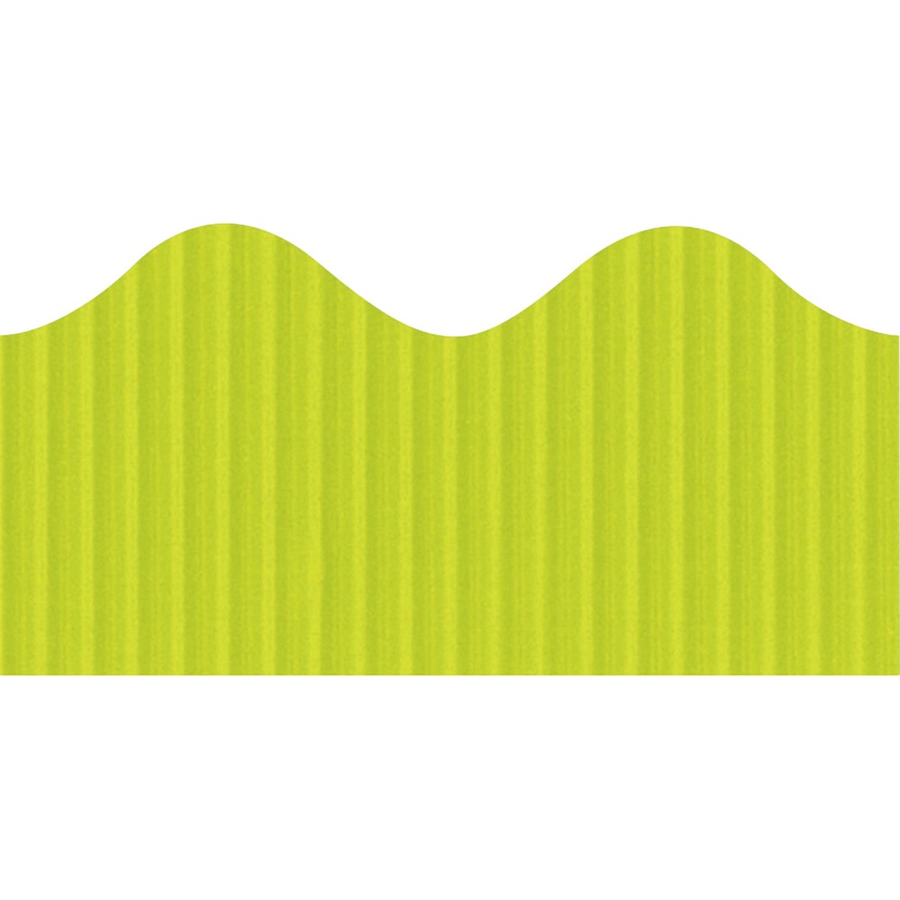 PAC37054 - Bordette is the original, pre-scalloped, fade-resistant decorative border. The sturdy corrugate provides a unique three-dimensional appearance on any flat surface. It bends, molds, turns and twists to create unique layered designs. Packaged in a perforated roll, Bordette is easy to separate. It comes in the same Lime color as Fadeless brand paper so it's easy to mix and match colors to create the perfect display. One 50' roll of Bordette will completely edge two 8' x 4' bulletin boards.