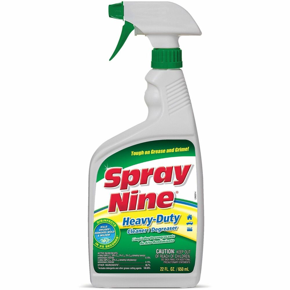 PTX26825 - Spray Nine's professional-strength cleaning power works hard to remove all types of dirt, grease, grime and stains. It is ideal for facility maintenance, cafeterias, breakrooms, locker rooms and more. This one product has nine uses: 1) cleans; 2) degreases; 3) disinfects against viruses in 30 seconds; 4) disinfects against bacteria in 45 seconds; 5) sanitizes in 10 seconds; 6) kills fungus in 3 minutes; 7) deodorizes; 8) controls mold and mildew and 9) removes stains. Heavy-duty Cleaner/Degreaser Plus Disinfectant is EPA-registered and NSF C1-Rated.