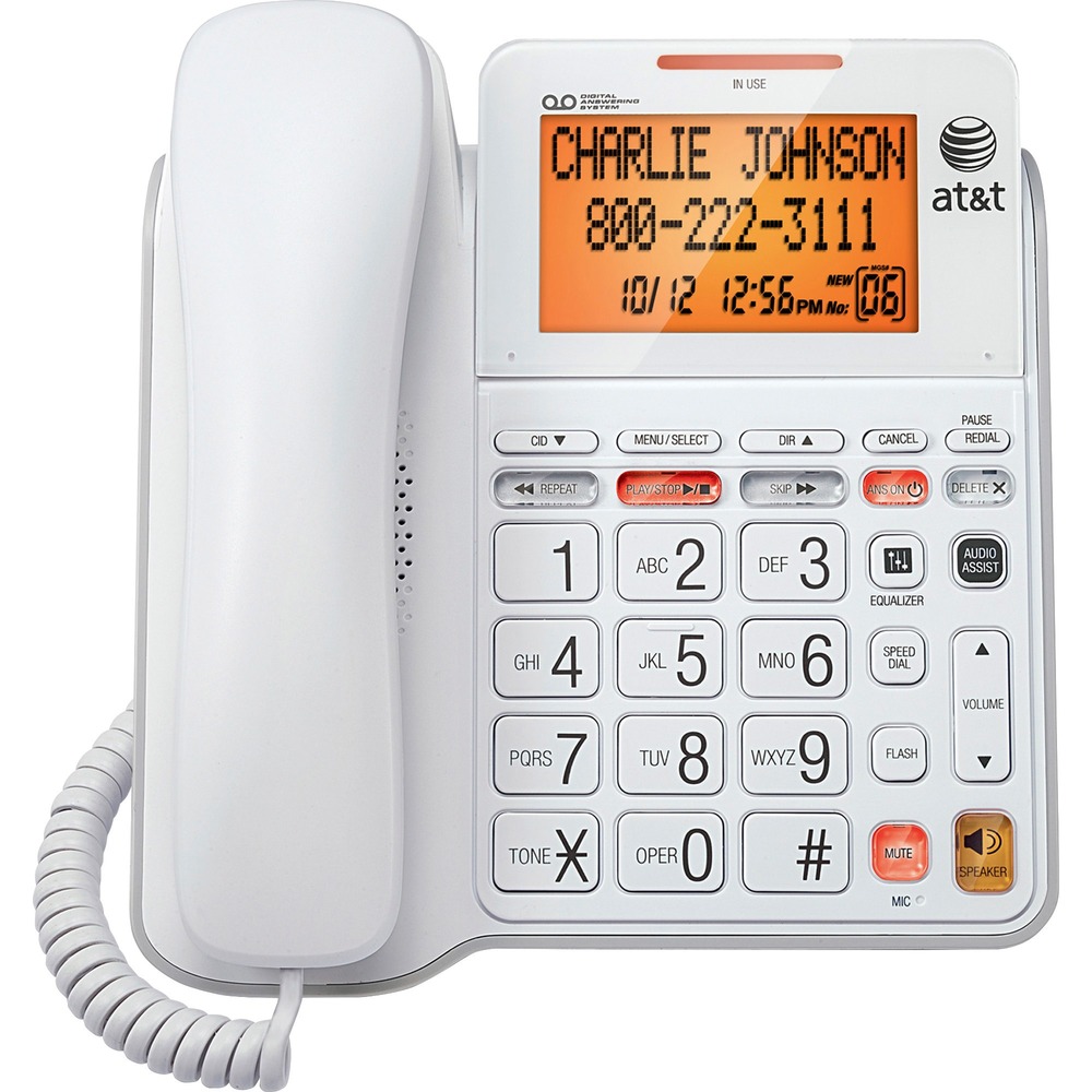 ATTCL4940 - Corded, digital answering system features an extra-large tilt display for easy viewing, speakerphone, audio assist, extra-large buttons, an extra-loud ringer, visual ringer indication and Caller ID/Call Waiting. Speakerphone allows you to speak and listen without holding the handset. This leaves your hands free to do other things and lets more people participate in the conversation. Audio Assist temporarily increases overall volume and enhances sound frequencies that make speech easier to understand. Corded phone also offers a 25-name/number phonebook directory; 50-name/number Caller ID history; 10-number speed dial; equalizer; redial; flash; mute; English/Spanish/French setup menu; 25-minute digital recording time; Call Screening/Intercept; Remote Access with Toll Saver; time/day stamp; audible message alert; Message Guard Memory for power failures; and memo recording.