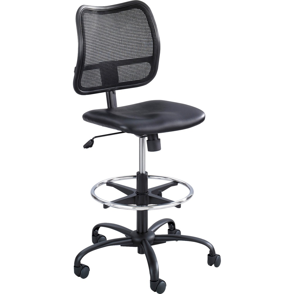 SAF3395BV - Resilient, sleek, extended-height mesh chair features black mesh fabric back, a black vinyl seat and footring. Comfortable, ergonomic, height-adjustable seat is designed for all-day comfort and prevents fatigue. Chair holds up to 250 lb. Seat height adjusts pneumatically from 23" to 33". Other functions include tilt, tilt tension, tilt lock and 360-degree swivel. Seat size is 18" wide x 17-1/2" deep. Back measures 17" wide x 15-1/2" high. 25" five-star base has 2" hooded dual-wheel carpet casters. Fixed loop arms are sold separately. Chair meets applicable ANSI/BIFMA standards.